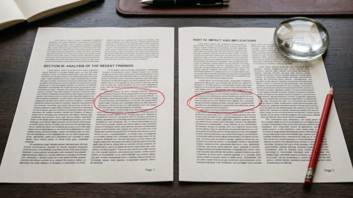 Two printed pages side by side with matching passages circled in red