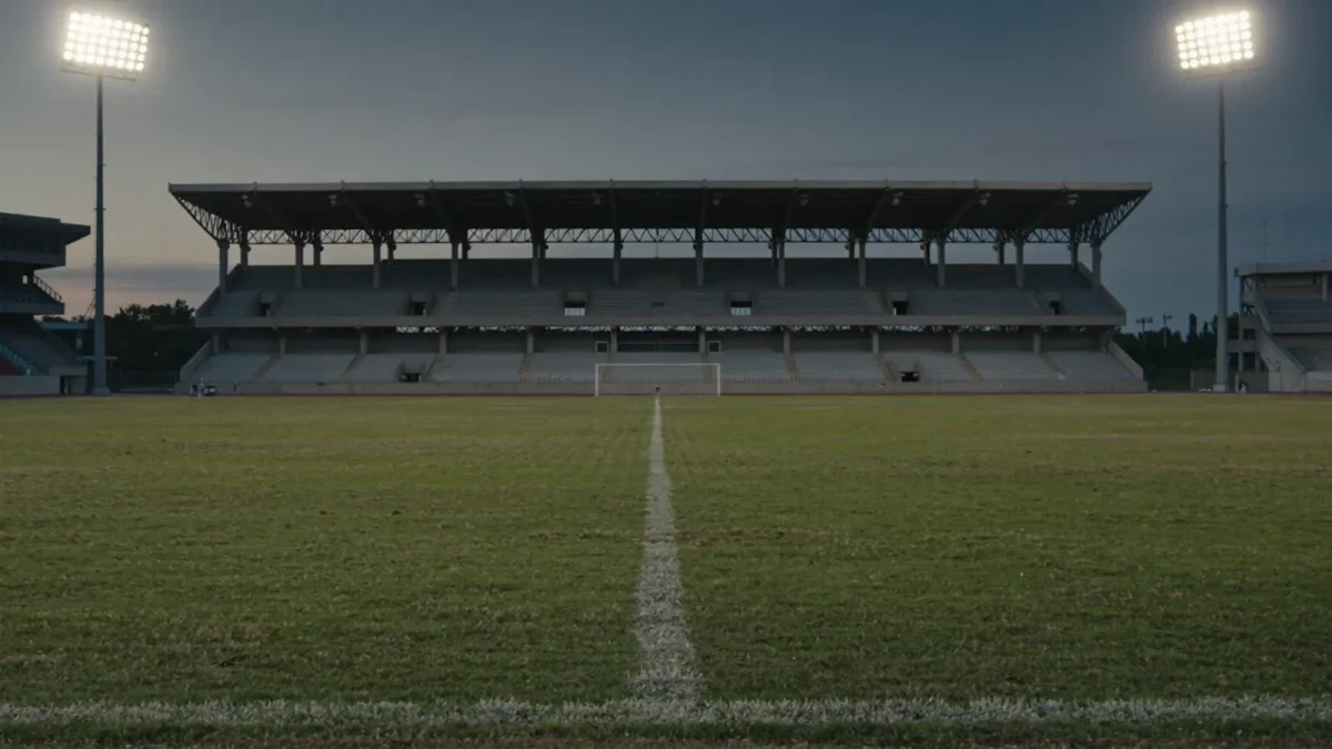 Empty stadium pitch with visible press zone markings at dusk
