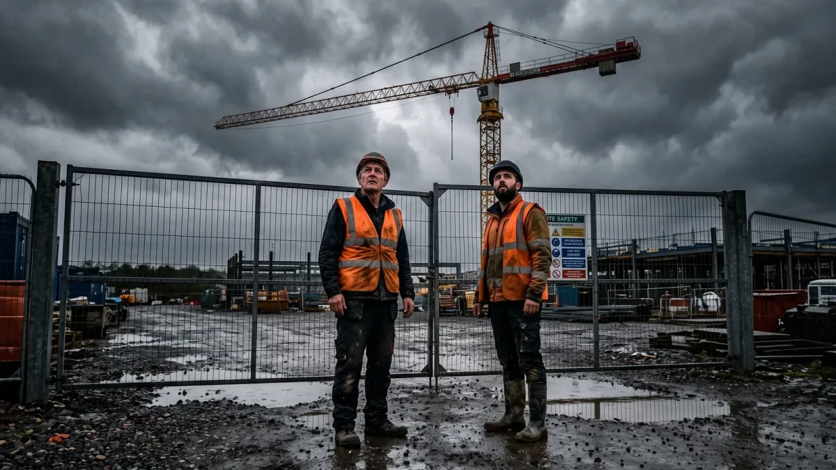 Construction site halted with idle crane under storm light