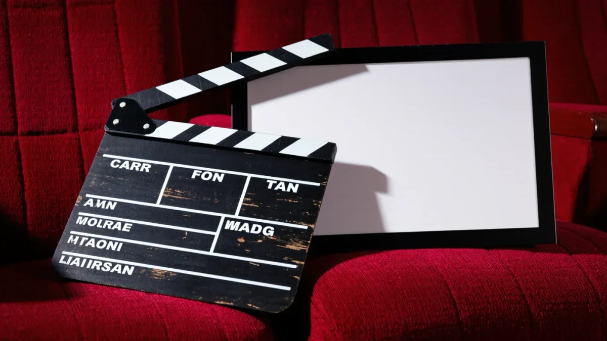 Clapperboard resting on a cinema seat beneath a blank marquee