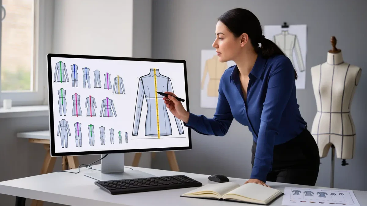 Digital pattern grading workstation showing nested bodice pattern sizes in CAD software
