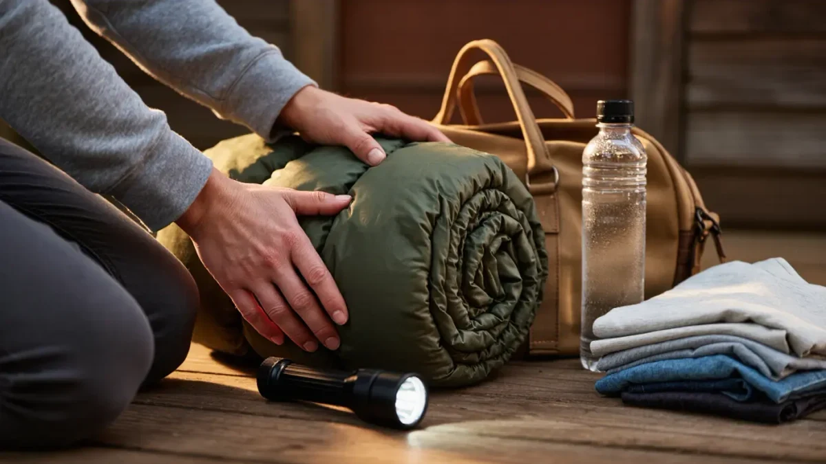 Adult hands packing a duffel bag and sleeping bag for camp