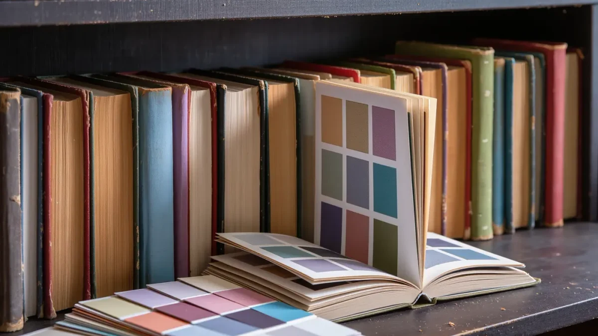 Old forecast trend books stacked on an archive shelf beside a rejected color fan deck