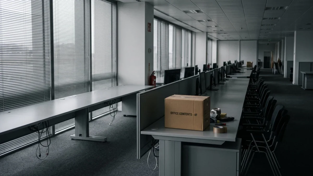 Cleared desks and stacked office chairs in an emptied workspace
