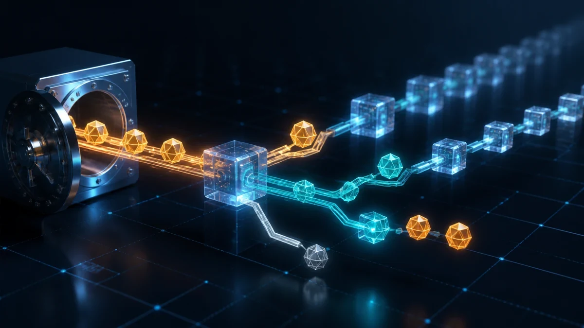 Glowing geometric tokens flow from a vault through branching translucent blocks.