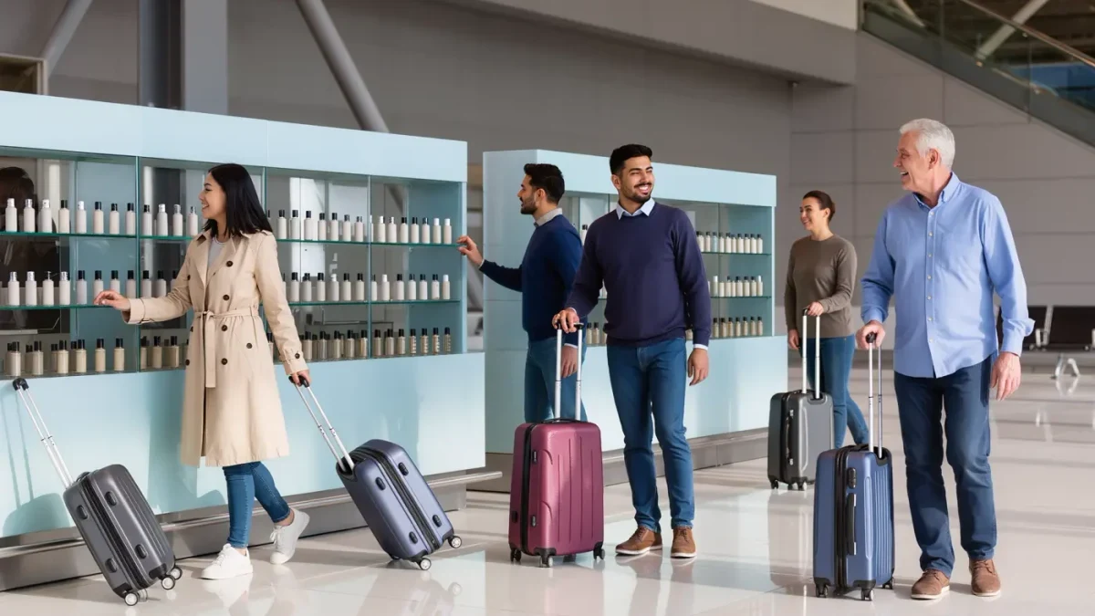 Travelers browsing a quiet duty-free beauty counter in an airport hall