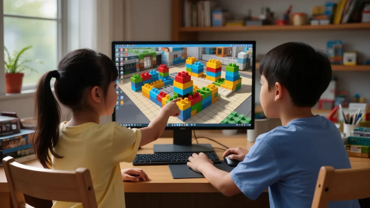 Two siblings at one desk playing a block-building sandbox game together