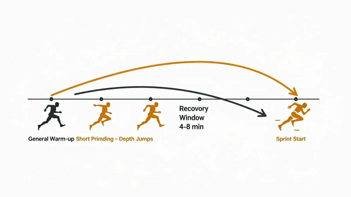 Timeline infographic of a priming warm-up protocol before sprinting