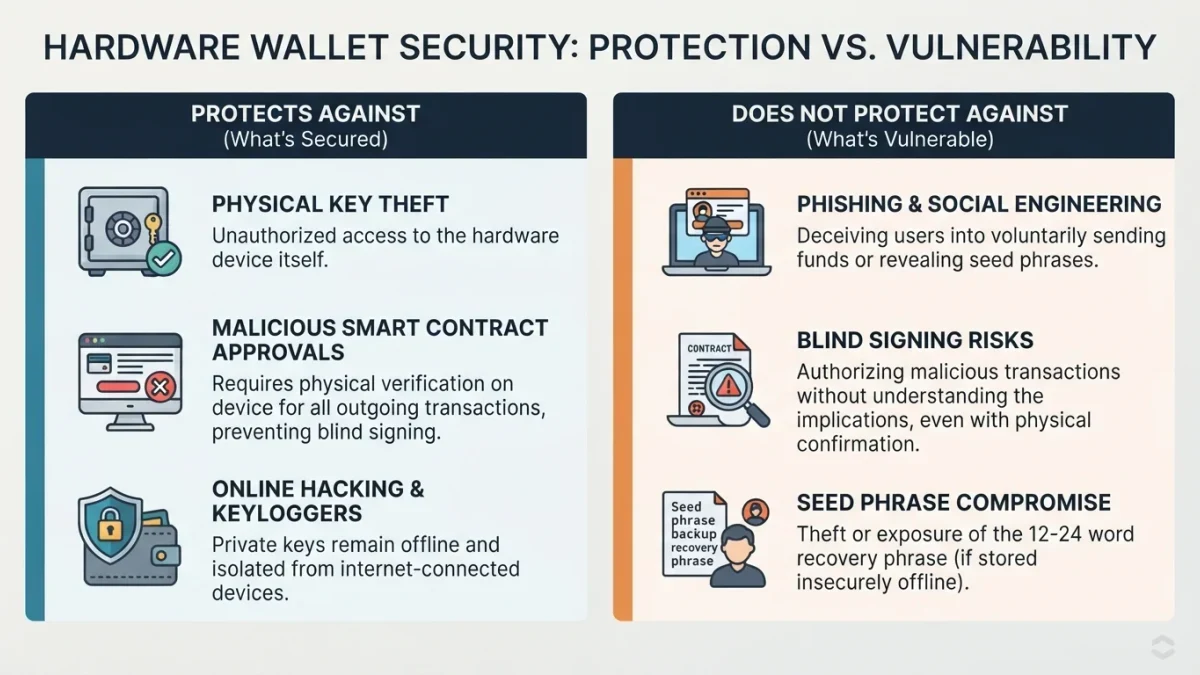 Infographic comparing threats a hardware wallet stops and misses