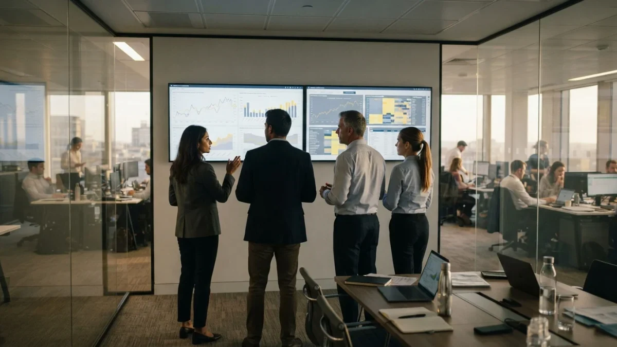Bank risk analysts reviewing capital models across multiple monitors
