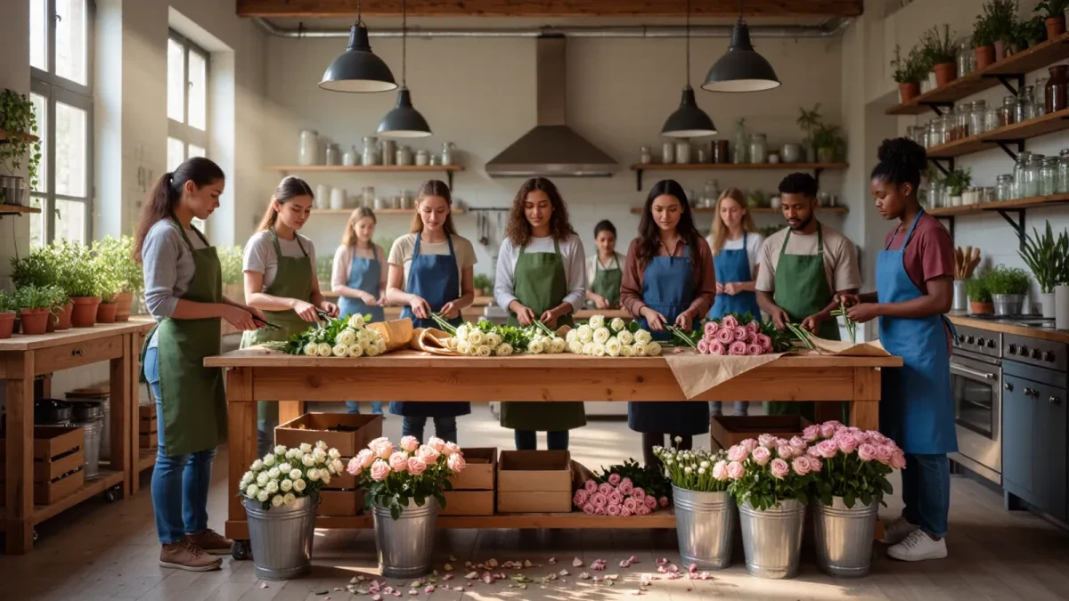 Volunteers repacking gala flower arrangements for donation