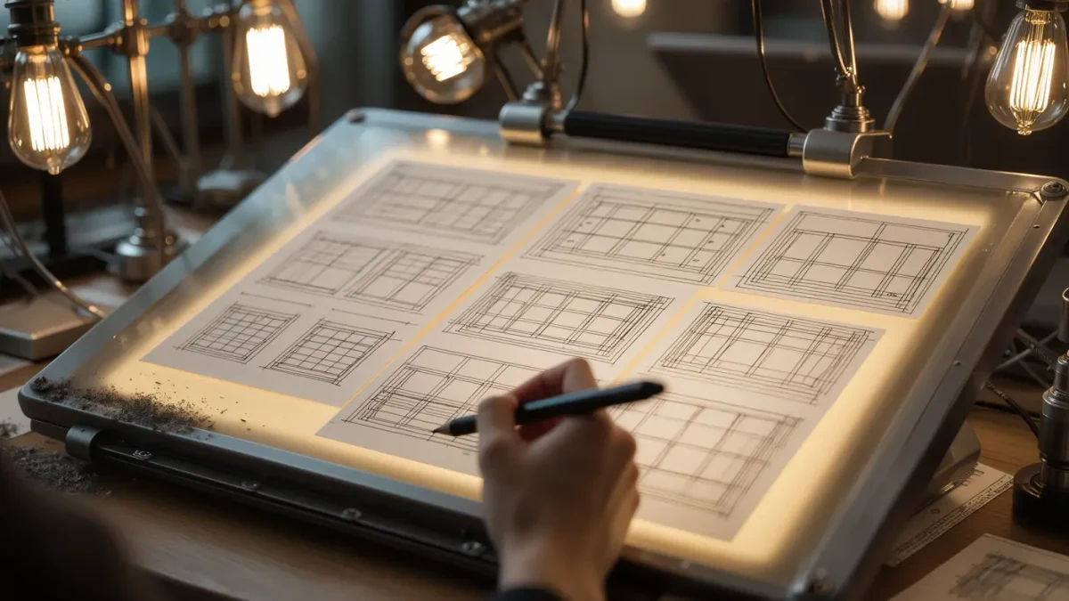 Stylus drawing a storyboard frame on a lit animation desk