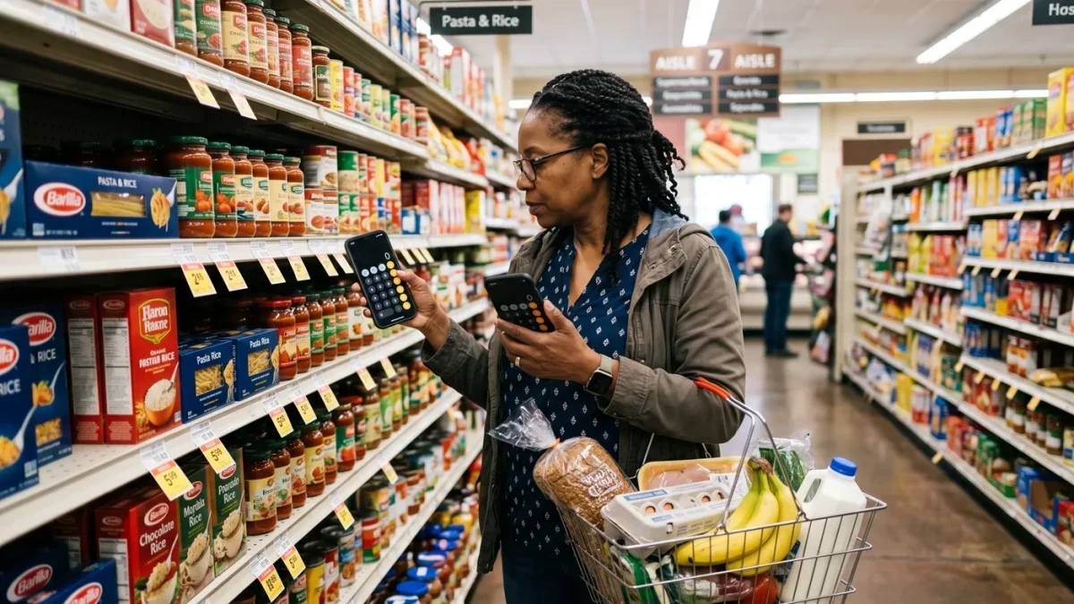 Worker checking prices while grocery shopping with a phone