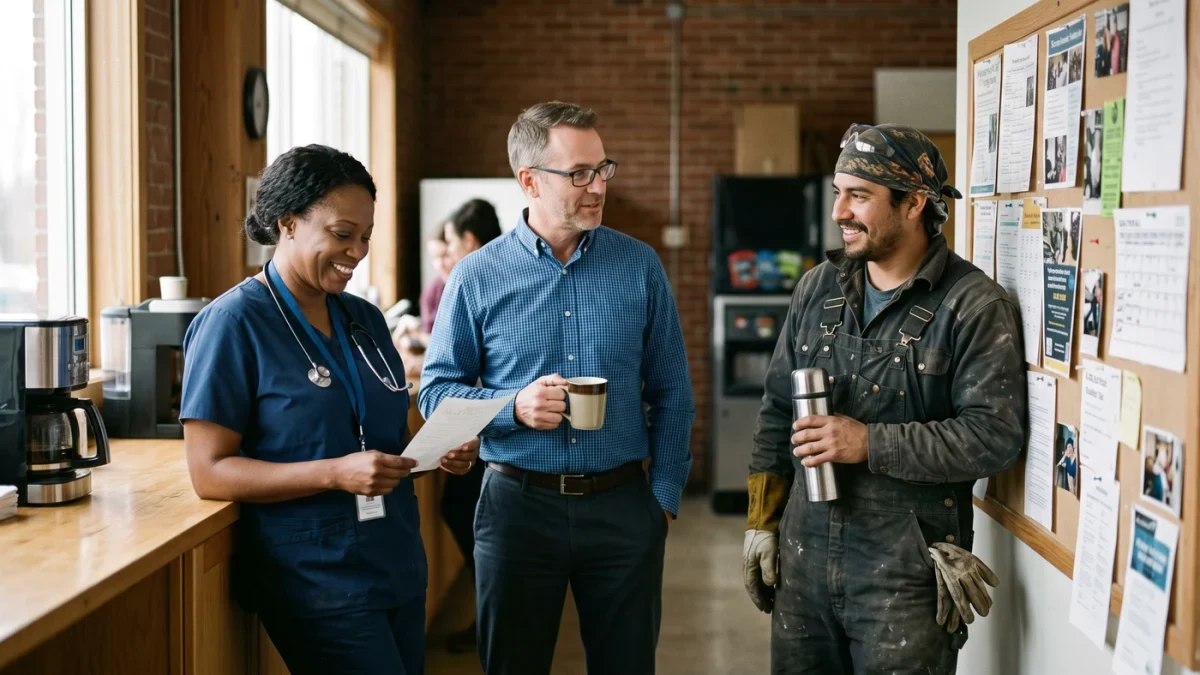 Workers across different trades reviewing pay information in a busy workplace