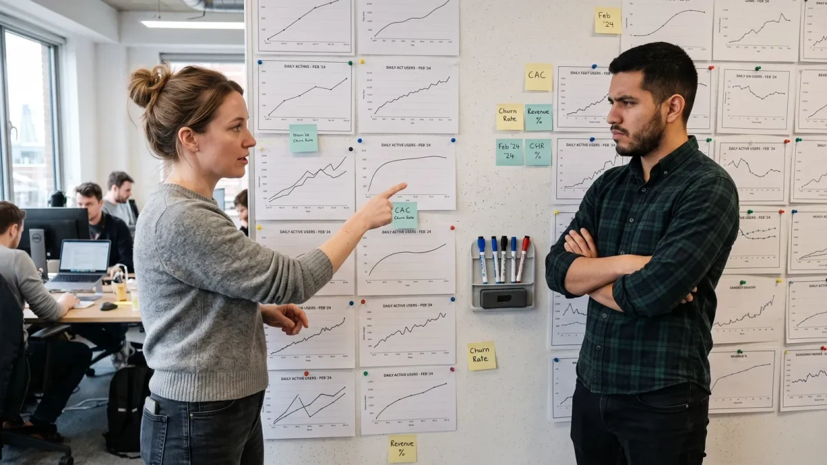 Founder pointing at pinned metric charts while engineer listens