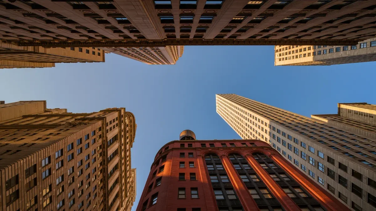 Tiered setback skyscrapers photographed from street level