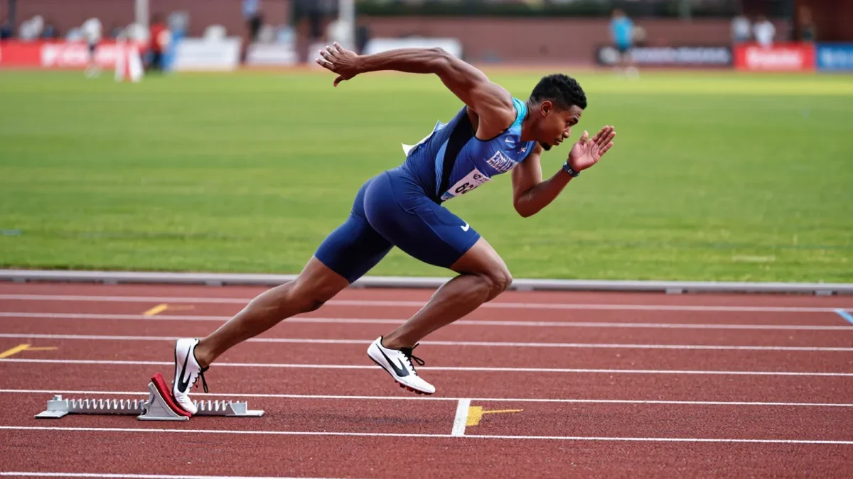 Amateur sprinter driving forward in low acceleration position on track