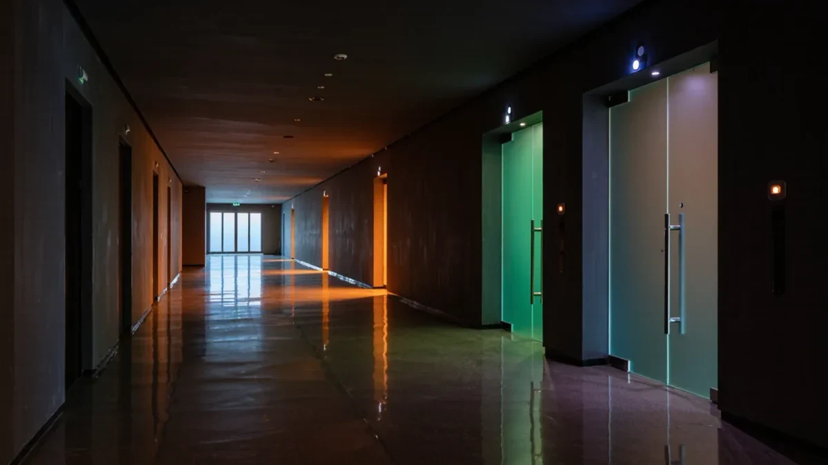 Two doors with membership signs in a hallway
