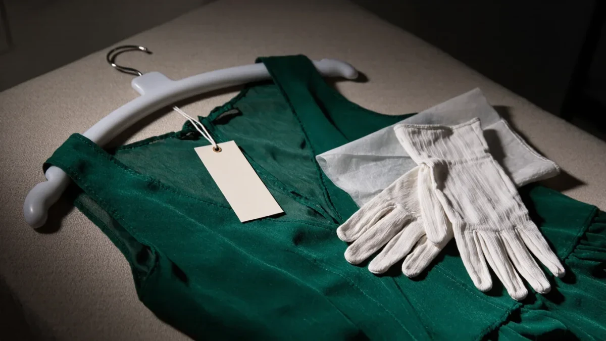 Close-up of conserved archive gown fabric and archive tag