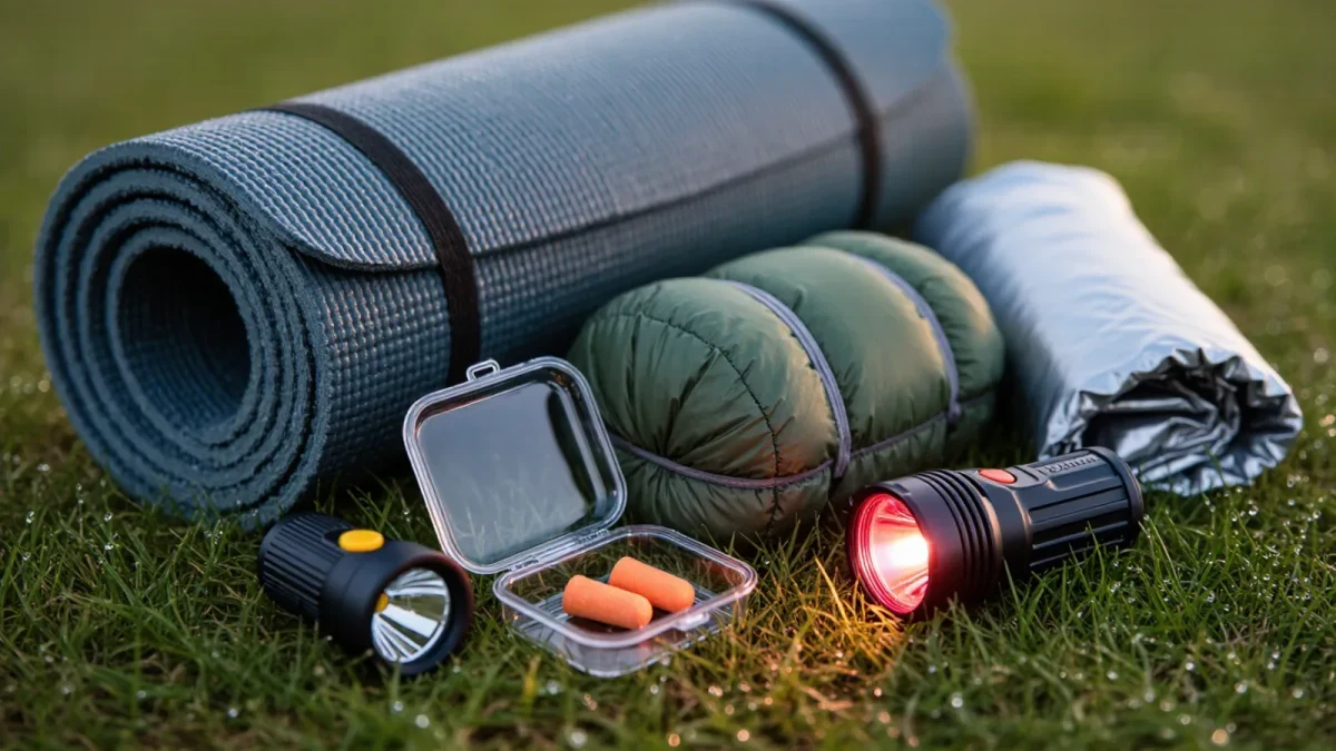 Close-up of festival camping gear laid out on grass