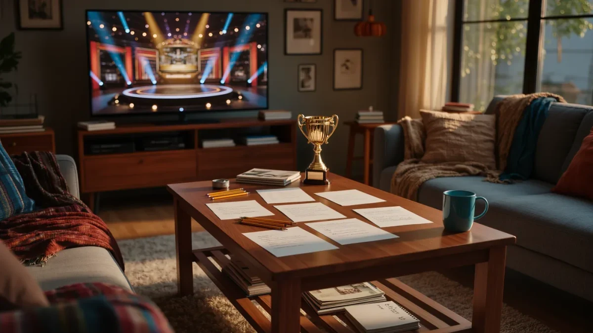 Family living room with prediction ballots and a trophy-shaped snack on the table