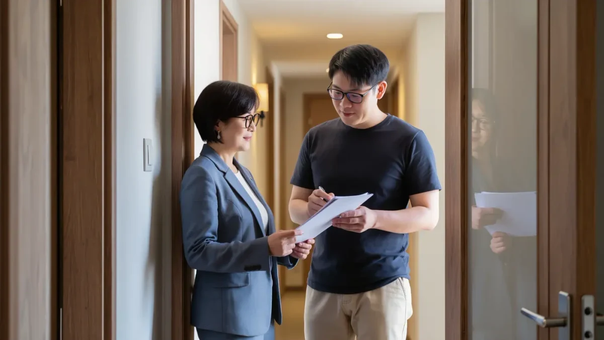 Landlord reviewing a rent payment standard table with a tenant in a bright apartment hallway