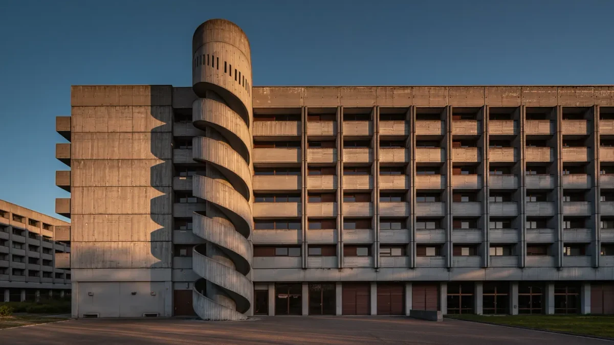 Board-formed concrete tower with deep window recesses