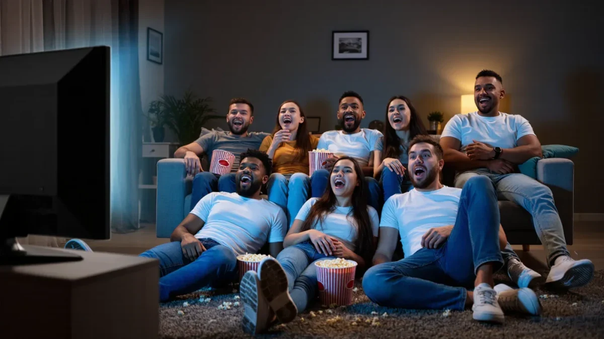 Friends watching a movie marathon together on a couch