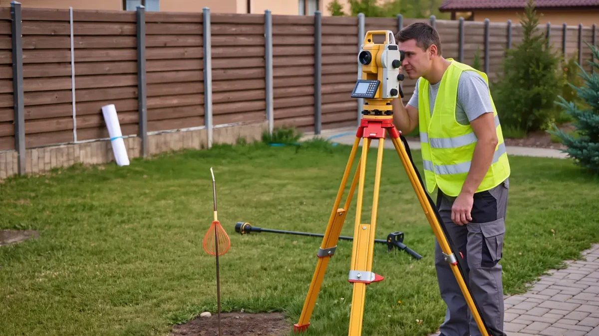 Surveyor with tripod measuring lot boundary marker