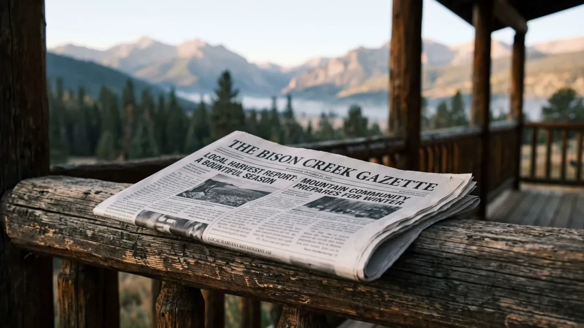 Close-up of a folded newspaper on a wooden porch rail