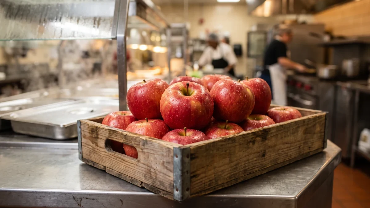 Fresh apples stacked in a crate in a school kitchen