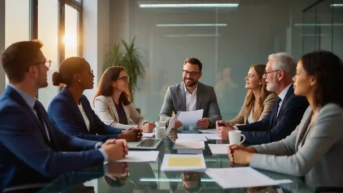 Actors reviewing contracts with agents in a studio conference room