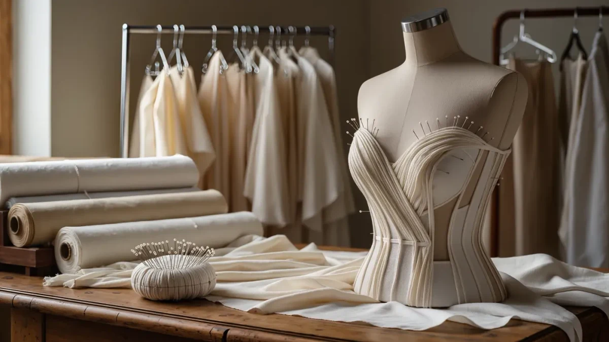Sculptural draped couture bodice on a dress form in an atelier