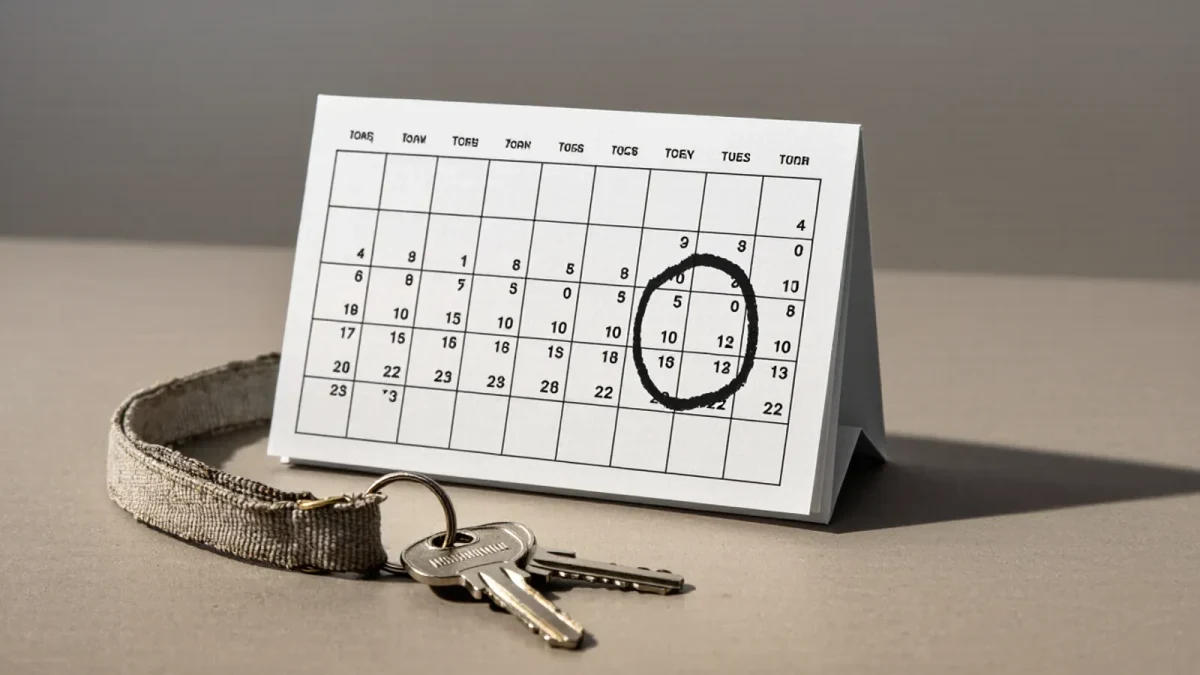 Wall calendar with one weekday circled beside a rural school key