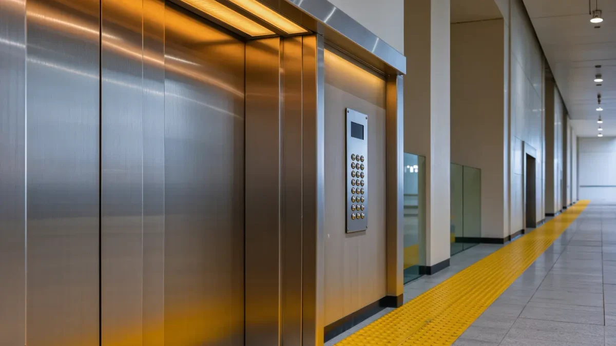 Modern elevator and tactile wayfinding strip at a rail station