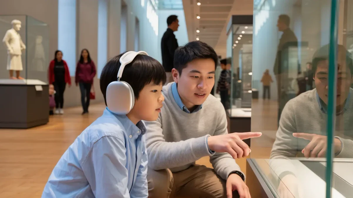A child in headphones exploring a quiet museum gallery with a parent