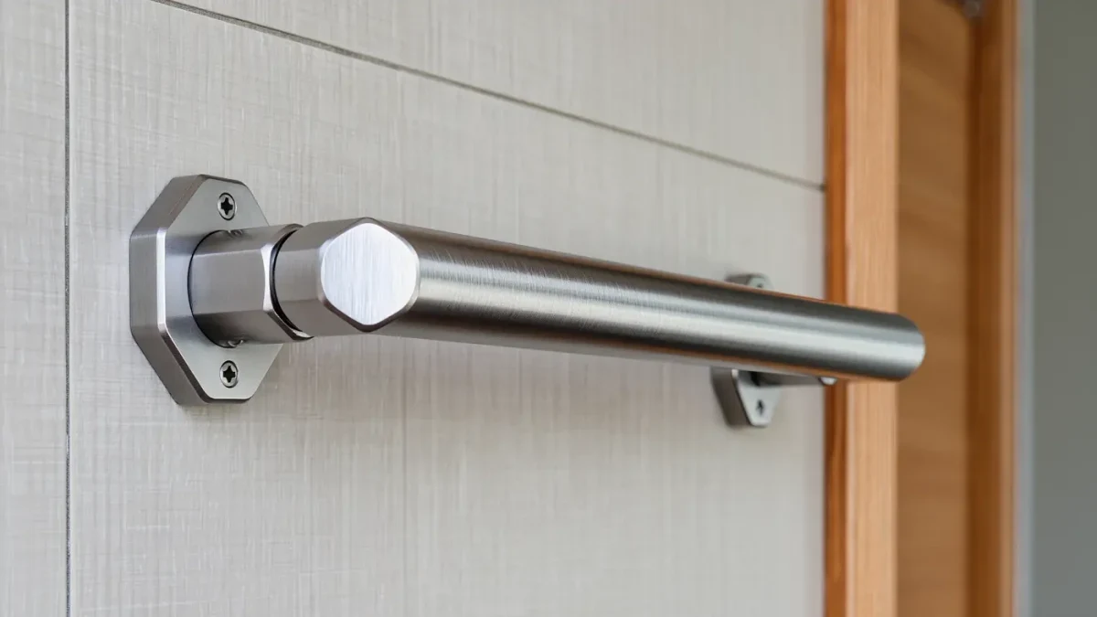 Brushed steel grab bar mounted on pale tile wall