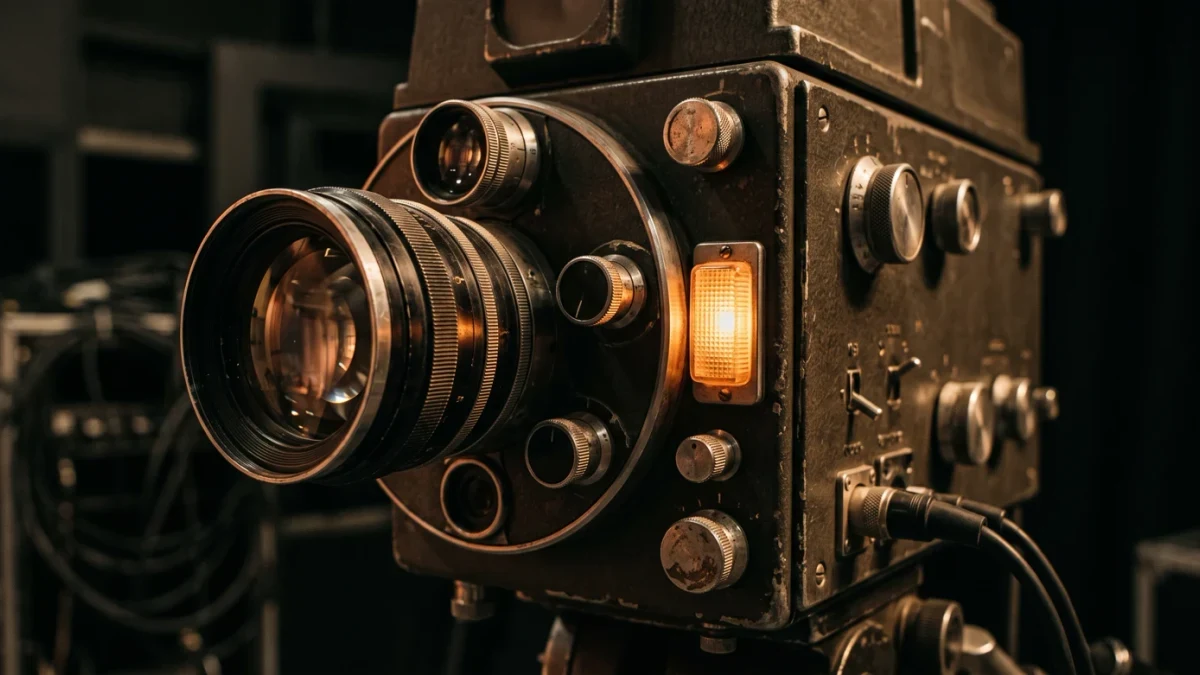Vintage broadcast camera and control panel in a darkened hall