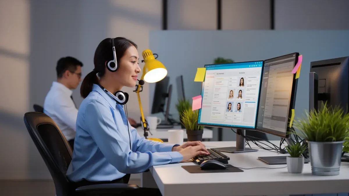 Support specialist answering customer messages during an evening shift
