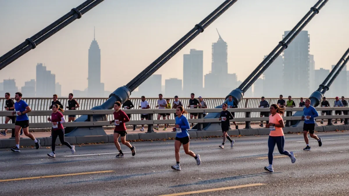 Runners of many ages crossing a big-city bridge during a marathon