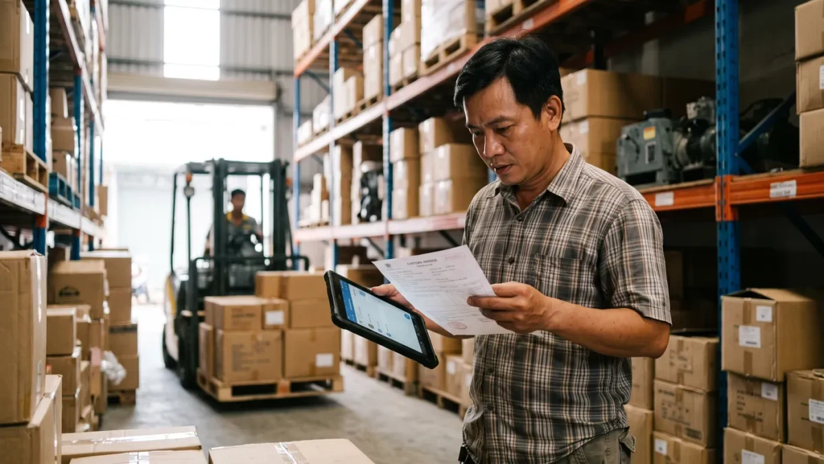 Small warehouse owner checking inventory and paperwork among shelves