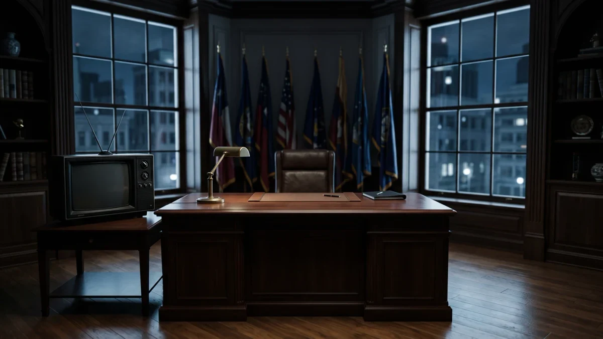 Empty podium desk in a quiet office at night with a dark television