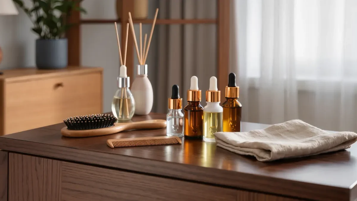Small glass bottles of golden and amber hair oils arranged on a wooden dresser beside a comb