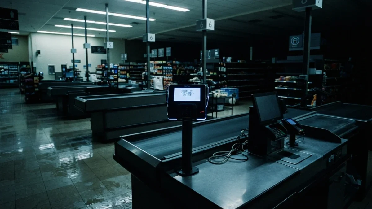 Glowing payment terminal at a closed checkout line, night retail scene