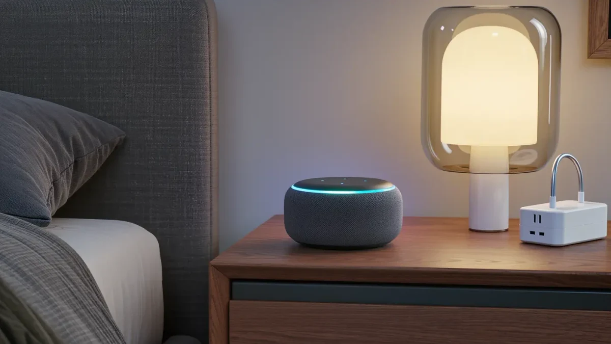 Unbranded smart speaker with soft light ring on a wooden nightstand beside a lamp