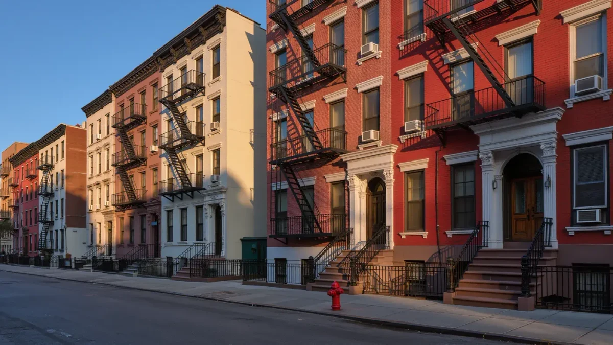 Sunlit prewar apartment facades on a quiet Upper East Side block