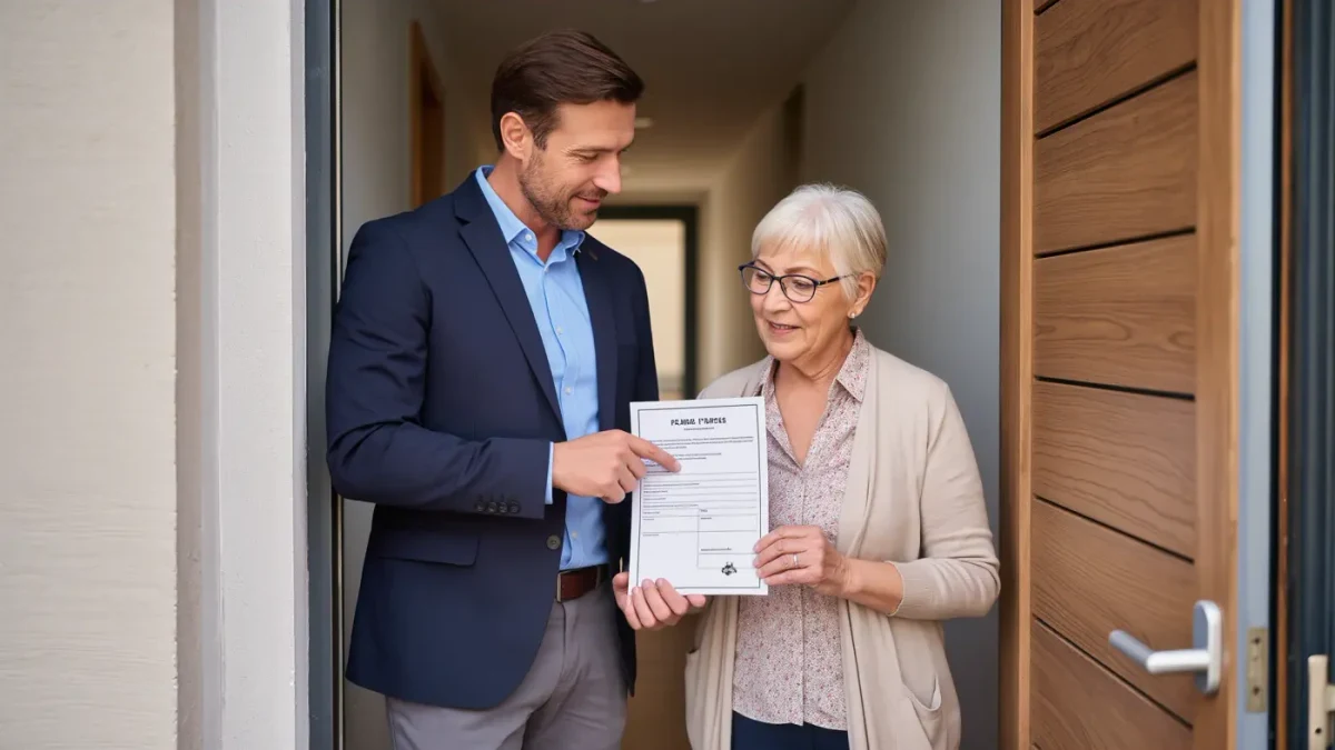 Documentary photo of a landlord handing renewal paperwork to a tenant