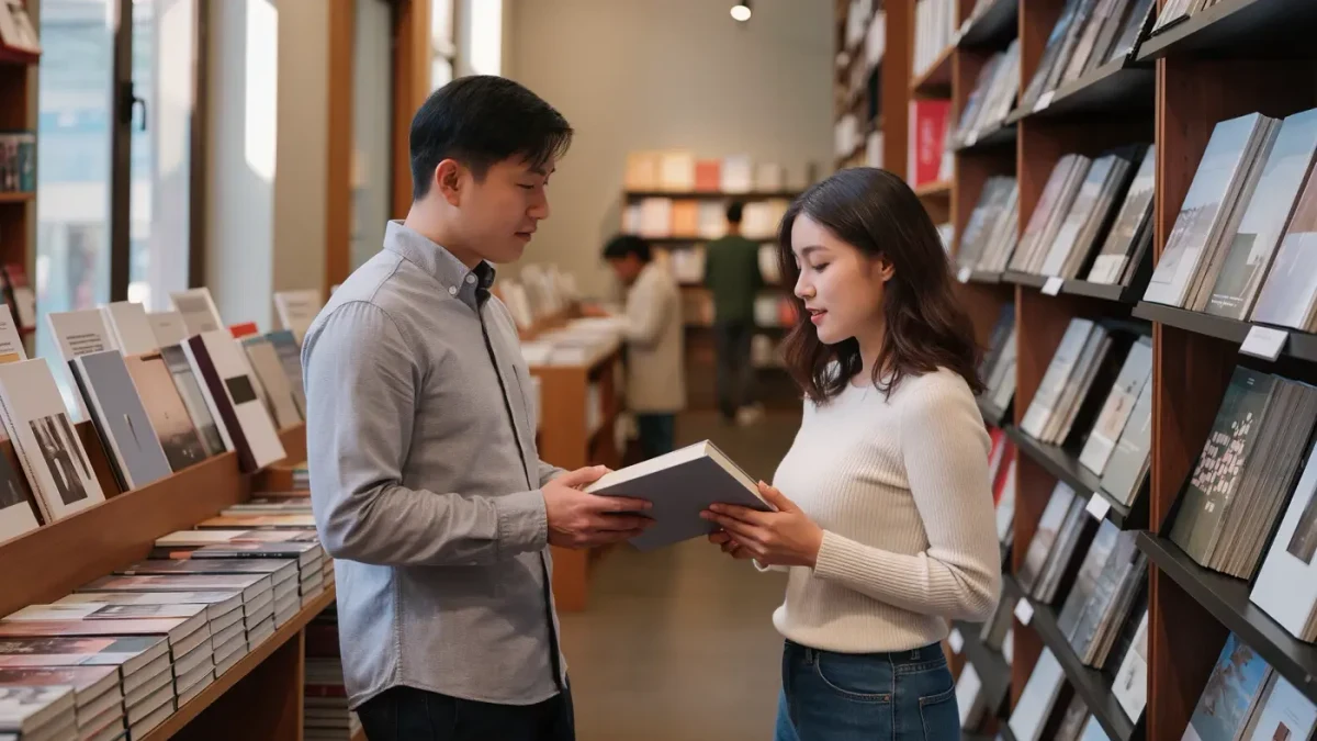 Reader browsing a shelf of single-volume graphic novels at a bookstore