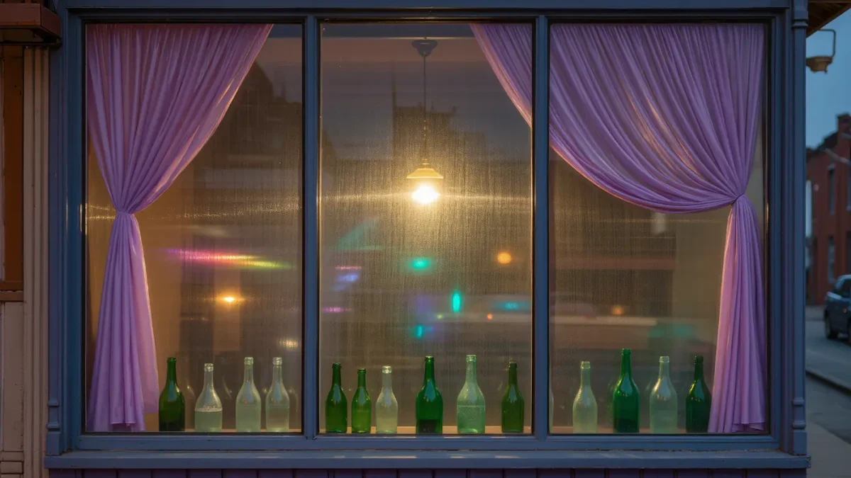 Late February storefront window with iridescent film, sea glass green and lavender decor, and soft fog on the glass