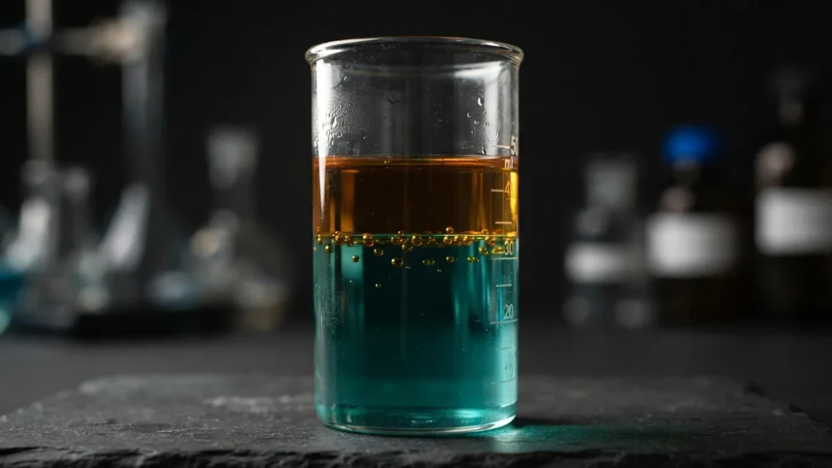 Macro close-up of two immiscible liquids layered in glassware